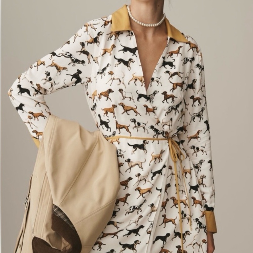 Anthropologie  Maeve White and Gold Dog Print Mini Dress